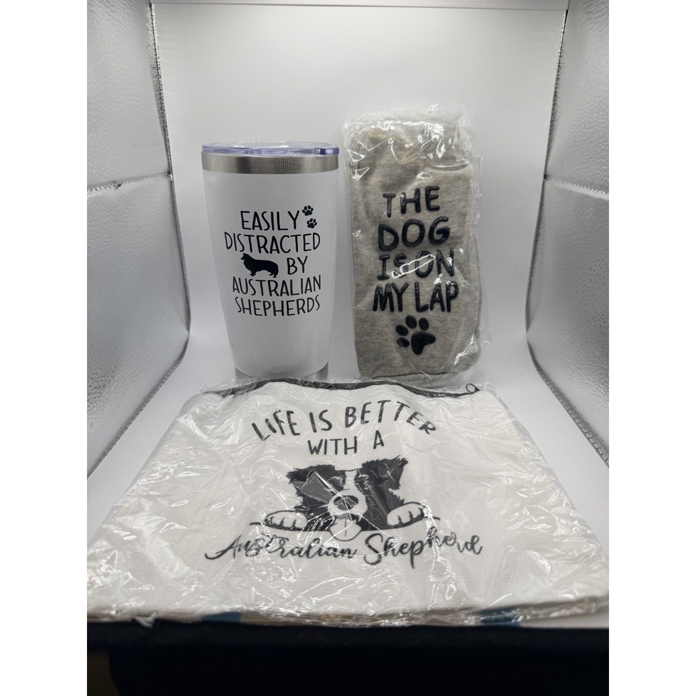 Australian Shepherd Gift Set –‎ Tumbler, Makeup Bag, Socks, Straw & Brush – New